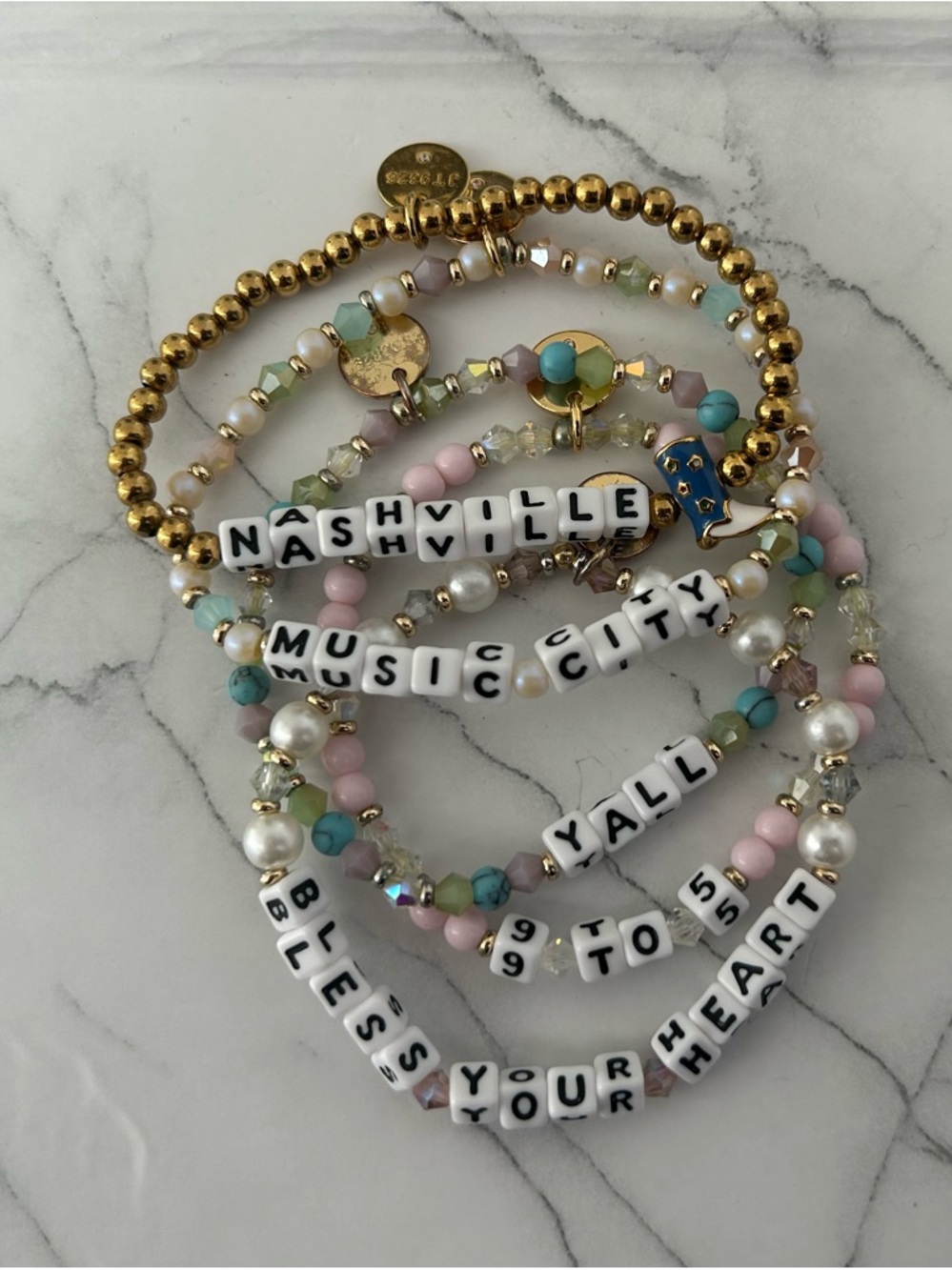 Nashville Music City Beaded Bracelet Stack - Pastel & Gold